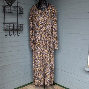 Laura Ashley Navy Floral Long-Sleeve Maxi Dress with Yellow & Pink Blooms